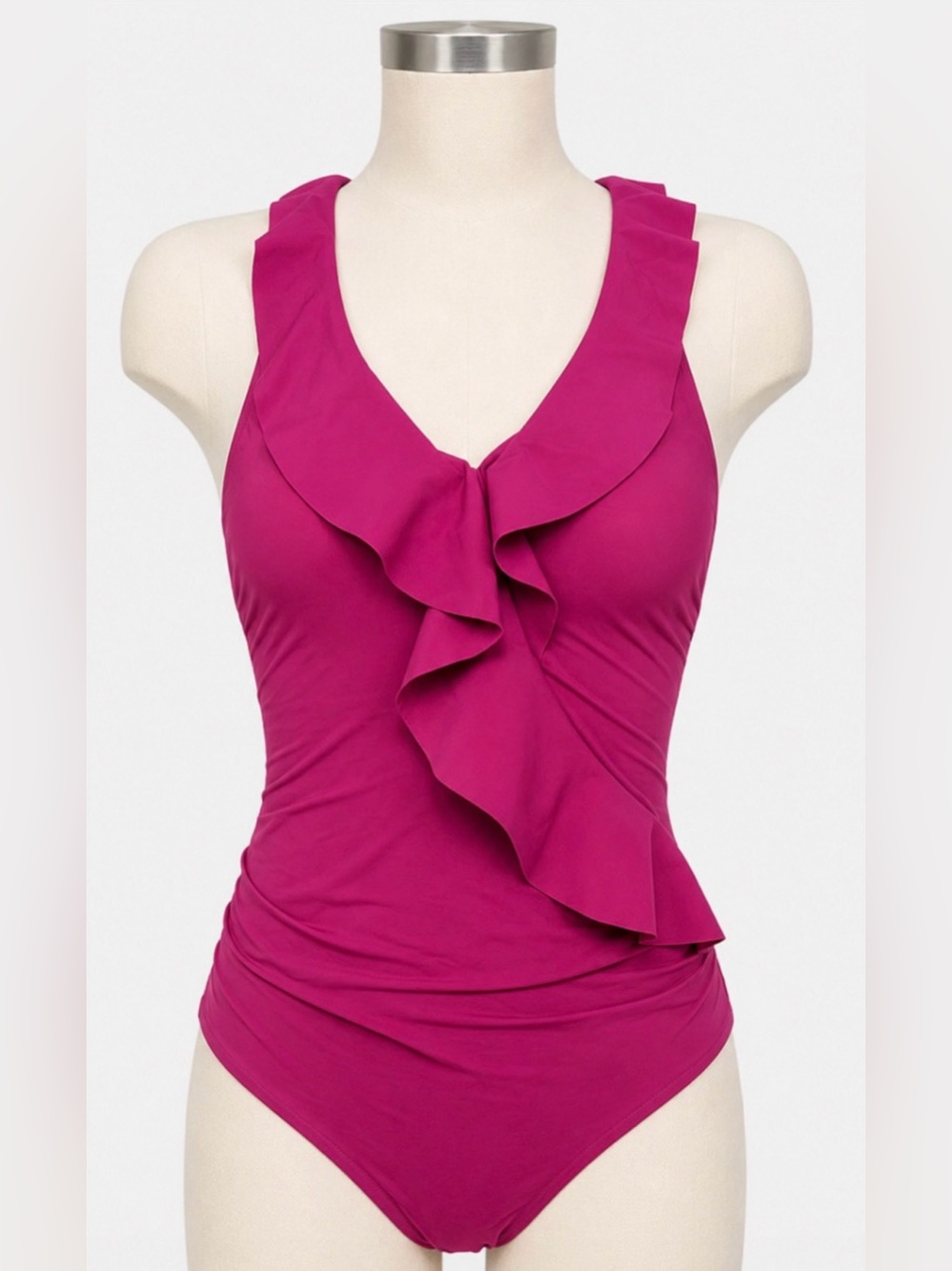 WHITE HOUSE BLACK MARKET MIDNIGHT ORCHID RUFFLE CROSSOVER ONE PIECE SWIMSUIT S